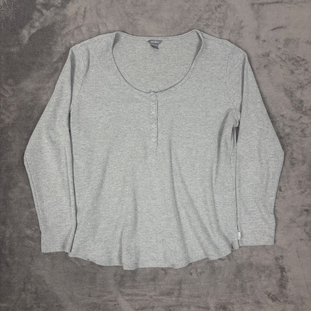Eddie Bauer Henley Top Women XL Gray Long Sleev Waffle Knit Thermal Casual Shirt